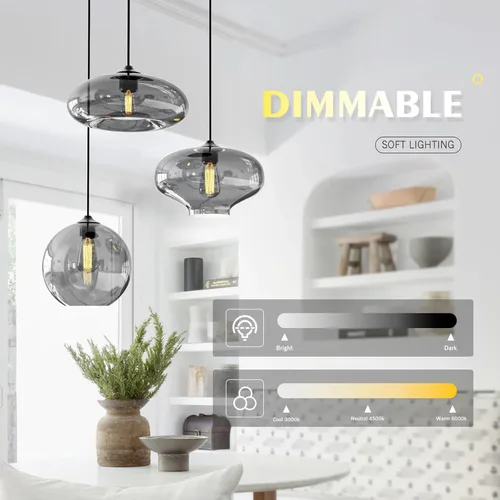 Vista 4 de Moderna Lámpara Colgante de 3 Luces de Vidrio en Tono Gris Ahumado con Globo de Cristal Clúster Lámpara de Techo de Estilo Nórdico con Múltiples