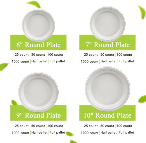 Vista 7 de three leaf Plato redondo de bagazo de 10 pulgadas, 25 unidades, platos de bagazo desechables, resistentes, súper fuertes, naturales y ecológicos