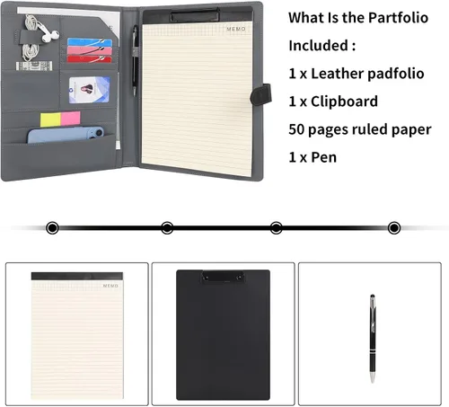 Vista 6 de Wason Portafolio Funda de cuero PU A4 con portapapeles, bloc de notas, formularios, archivos de escritura de documentos, planificador de Azul oscuro
