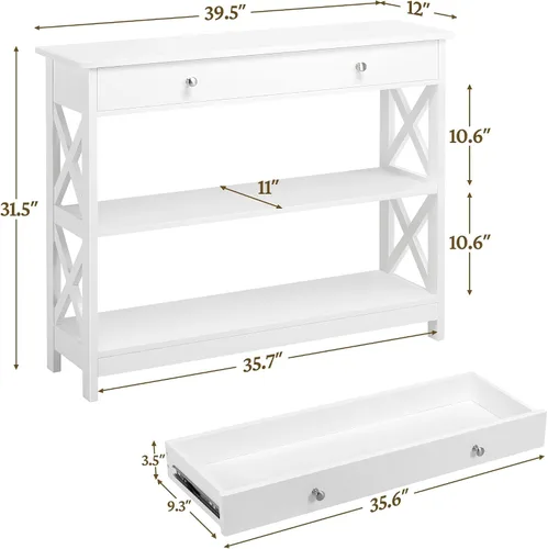 Vista 3 de Yaheetech Mesa consola con cajón, mesa de entrada de 3 niveles con estantes de almacenamiento, mesa de sofá estrecha de madera para Blanco