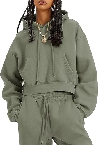 Vista 11 de COZYPOIN Conjunto de 2 piezas de forro polar para mujer, sudadera corta y pantalones con capucha Beige