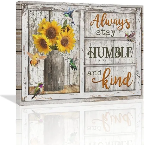 Vista 12 de Arte de pared motivacional, diseño rústico de girasol, colibrí, decoración de pared de baño, con citas inspiradoras "Always Stay Humild" y Kind