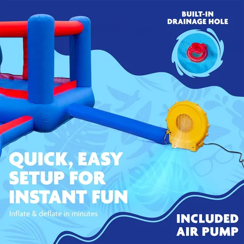 Vista 6 de Sunny & Fun Parque acuático inflable 2 en 1 Bounce & Blast - Resistente para diversión al aire libre - Pared de escalada, tobogán, gorila, túnel