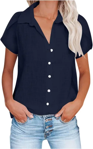 Vista 12 de Camisetas de verano para mujer, de manga corta, pétalos, de lino, con bolsillo, casual, con botones, blusas básicas