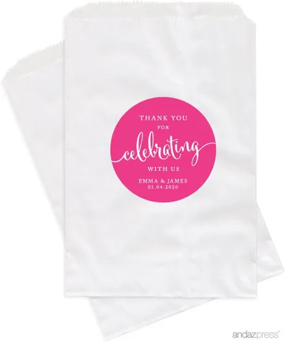 Vista 11 de Andaz Press Bolsas de regalo personalizadas para mesa de postre, agradecimiento por celebrar con nosotros, aguamarina, paquete de 24, personalizadas