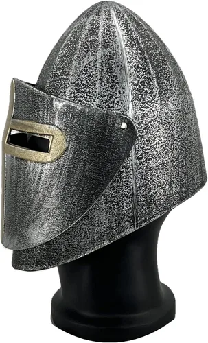 Vista 7 de Casco medieval de plástico para disfraz de caballero cruzado para juego de batalla, Halloween, cosplay, LARP, plateado