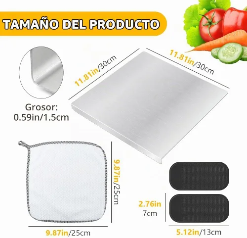 Vista 2 de Tablas de cortar para cocina, tablas de cortar de acero inoxidable con labio, tabla de cortar de metal resistente sobre fregadero con alfombrilla