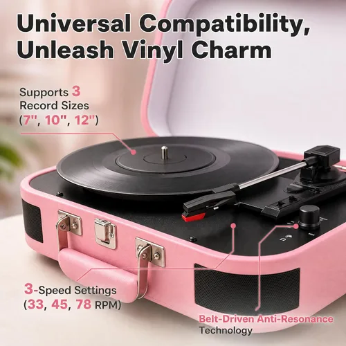 Vista 11 de Vintage Suitcase - Tocadiscos portátil Bluetooth de 3 velocidades con altavoces integrados, para discos de vinilo de 7/10/12 pulgadas (rosa)