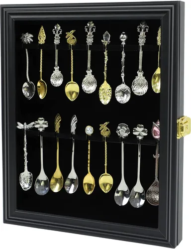 Vista 5 de 18 Recuerdo Cuchara de té vitrina de montaje en pared Bloqueable Protección UV Puerta de acrílico Soporte de exhibición de madera para la colección