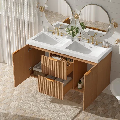 Vista 9 de Polibi Tocador de baño de 30 pulgadas con 3 agujeros, fregadero de cerámica individual y gabinete de madera maciza, tocador de diseño vintage
