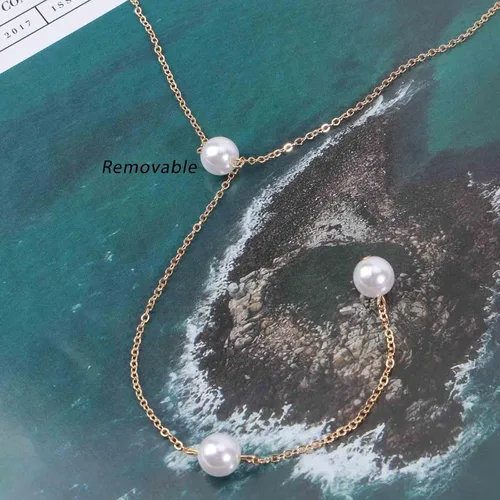 Vista 4 de Collar bohemio con caída en la espalda de perlas, cadena larga dorada, collar con telón de fondo de perlas, collar de boda, joyería para mujeres