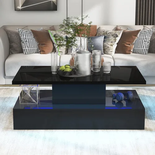 Vista 3 de Elegante mesa auxiliar LED para sala de estar, mesa central rectangular de madera de alto brillo con luz LED de 16 colores, moderna mesa de café