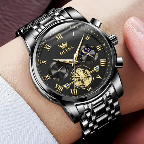Vista 2 de OLEVS Relojes para hombre, resistente al agua, de lujo, gran cara, reloj analógico de cuarzo de acero inoxidable, relojes de vestir analógicos