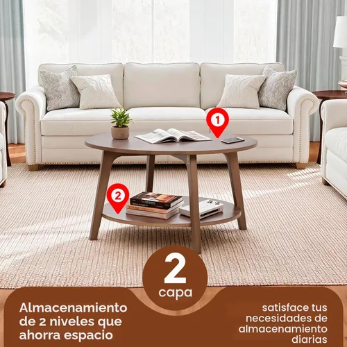 Vista 5 de [Usado] FDW Mesa auxiliar redonda de 2 niveles moderna de madera con almacenamiento para sala de estar, dormitorio u oficina, mesa de centro Marrón