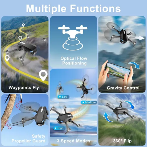 Vista 3 de Dron con cámara, 2K HD FPV Drones para adultos, 36 minutos de duración de la batería con 2 baterías, control de gravedad, despegue/tierra de una