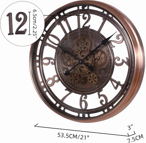 Vista 7 de INFINITY TIME Relojes de pared con engranaje móvil de 21 pulgadas para decoración de sala de estar, cobre SIilent Non Ticking, Arabic Numeral