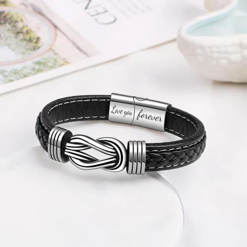 Vista 5 de Brown Braided Leather Stainless Steel Infinity Bracelets Lettering Love You Forever Gifts for Son Grandson Husband Boyfriend Brother Always Linked