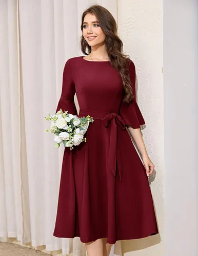 Vista 5 de HomRain Vestidos de iglesia para mujer 2025, invitada de boda, cóctel, fiesta de té, manga acampanada, vestido vintage de graduación de noche