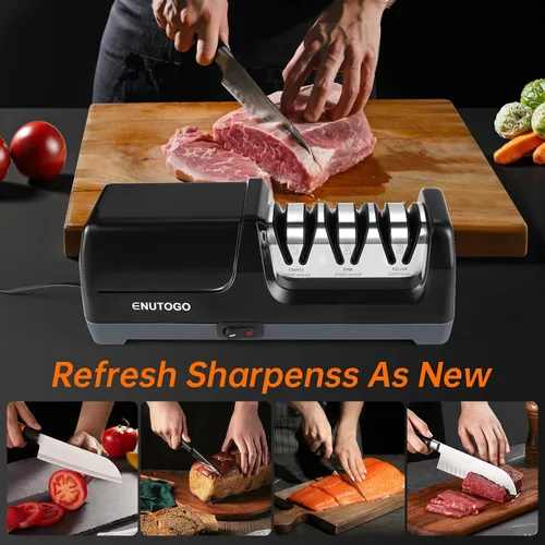 Vista 6 de Afilador de cuchillos Enutogo, afilador de cuchillos eléctrico profesional de 3 etapas para cuchillos de cocina, 100% abrasivo de diamante para guía