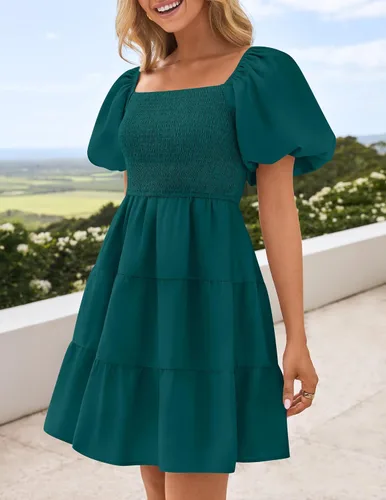 Vista 7 de ZESICA Mini vestido corto de verano bohemio 2026 con cuello cuadrado, manga abombada, hombros descubiertos, fruncido, escalonado, casual