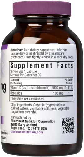Vista 2 de Bluebonnet Nutrition Vitamina C-1000 mg Plus Rose HIPS cápsulas vegetales para salud inmunológica, para protección antioxidante, sin soja, sin