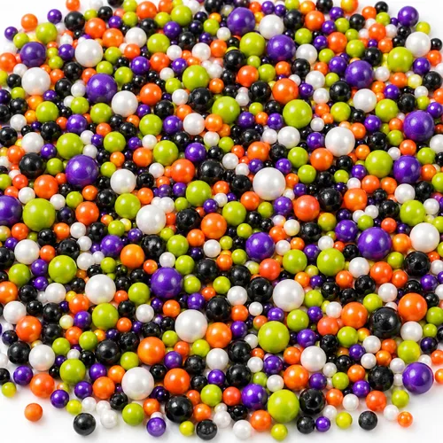 Vista 18 de Confect Mezcla de espolvorear de Halloween – Bolas de discoteca blancas, naranjas, moradas, negras y verdes, ojos de caramelo y jimmies – Gránulos