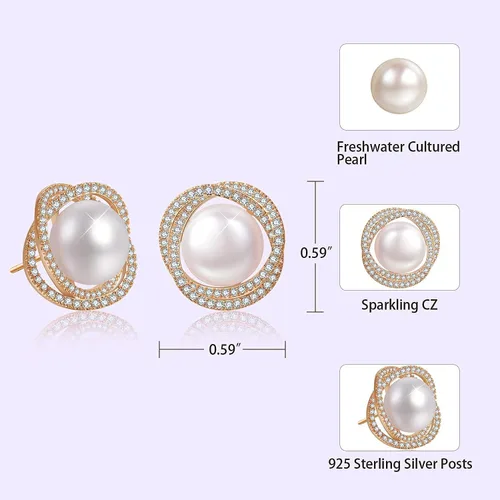 Vista 4 de Aretes de perlas reales para mujeres y niñas, chapados en oro de 14 quilates de plata de ley S925, 0.394-0.433in, Metal, Circonia cúbica