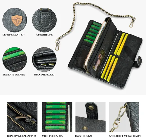 Vista 4 de Genuino caballo loco cuero viaje regalo moneda bolsillo tarjeta caso largo organizador cadena Rfid monedero con broche para hombres hombres 1803