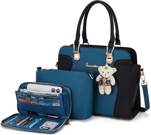 Vista 8 de Soperwillton Monederos para mujer, bolso cruzado de hombro, asa superior, bolsa de mano, cartera, juego de 3 piezas beige/marrón