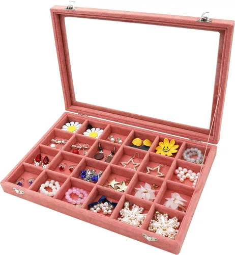 Vista 5 de Wudygirl Organizador de joyas, bandeja de terciopelo para joyas, caja de joyería de 24 rejillas con tapa, apilable, almacenamiento de joyas