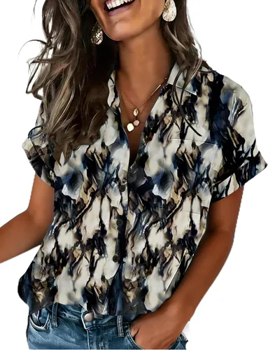 Vista 13 de Zeagoo Camisa de manga corta con botones para mujer, cuello en V, elegante, casual, para negocios, trabajo, con bolsillo, S-XXL