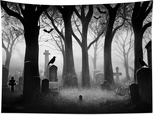 Vista 6 de LB Tapiz espeluznante de cementerio de Halloween, lápida aterradora con árboles muertos, tapiz de bosque para colgar en la pared, tapiz de fondo