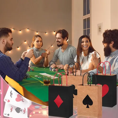 Vista 5 de Outus 24 bolsas de regalo para fiestas de casino, color rojo y negro, bolsas de papel con asas de 8.3 x 6 x 3 pulgadas para bolsas de papel