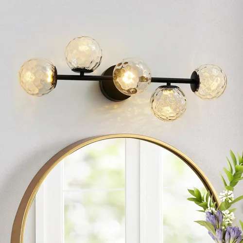 Vista 10 de Luz LED negra para tocador de baño: 5 luces de vidrio martillado colorido globo de luz - Luces de pared únicas de mediados de siglo modernas