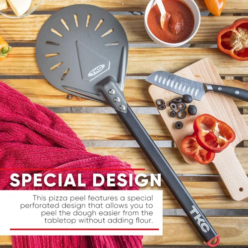 Vista 5 de TKC Pela de pizza perforada de 8 pulgadas – Pela profesional de aluminio para pizza – Espátula de pizza de metal de mango largo para interiores