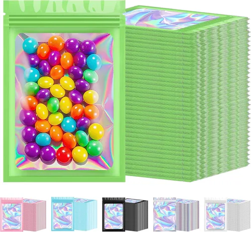 Vista 10 de 300 bolsas holográficas de Mylar a granel, bolsas resellables a prueba de olores con ventana transparente, bolsa de aluminio para pequeñas empresas