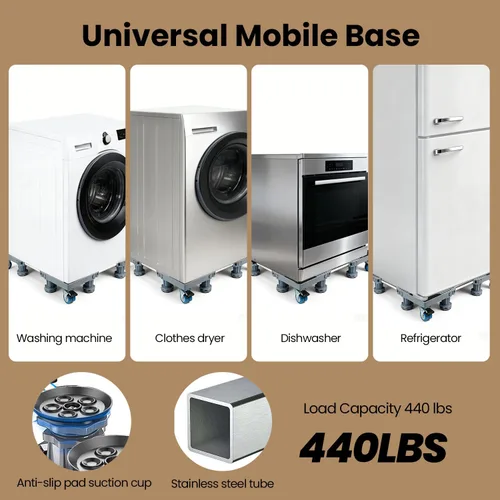 Vista 4 de Base Móvil con 4 Ruedas con Bloqueo y 8 Pies Fuertes 71-90 cm, Carrito de Muebles de Alta Resistencia para Lavadora, Mini Refrigerador y Secadora