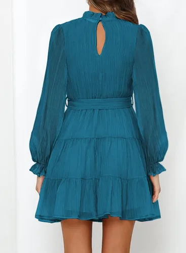 Vista 3 de FARYSAYS Vestidos de mujer 2023 de manga larga con volantes en la cintura, lazo casual escalonado, acampanado, mini vestido con vuelo