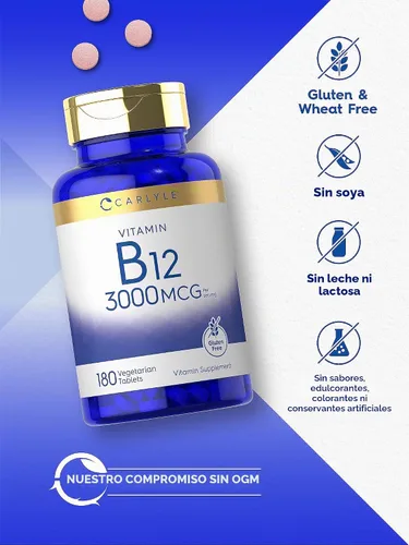 Vista 4 de Carlyle B12 Vitamina 3000 mcg 180 Tabletas Suplemento Vegetariano