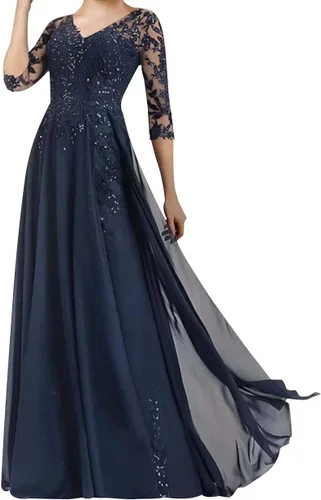 Vista 3 de Vestido largo formal de noche con cuello en V, para boda, novio, apliques de encaje, manga 34, para madre de la novia, vestido de novia