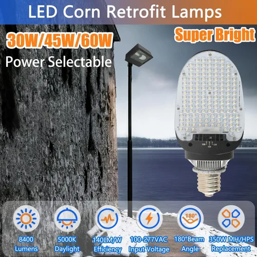 Vista 2 de Lámpara LED de reacondicionamiento de maíz Shoebox, 30 W/45 W/60 W de potencia seleccionable, luz diurna de 5000 K, base Mogul giratoria E39 E26