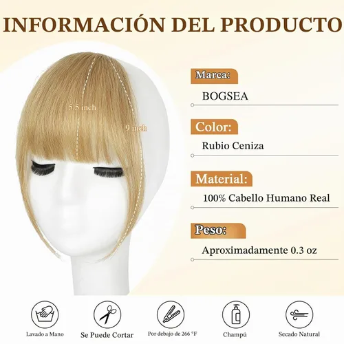 Vista 2 de BOGSEA Flequillo con clip, flequillo falso de cabello humano 100% real con clip, extensiones de cabello con fleco y sienes, postizos para mujeres 18#