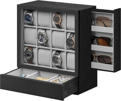 Vista 12 de SONGMICS Caja de reloj, vitrina vertical de 6 ranuras, chapa de madera Marrón café