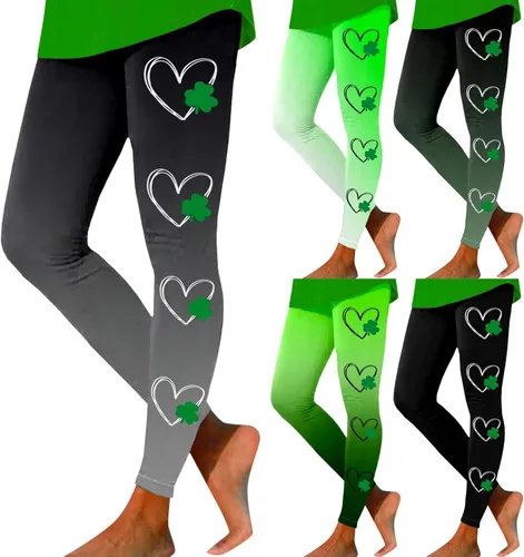 Vista 6 de soighxzc Leggings del día de San Patricio para mujer, con hojas de trébol, pantalones verdes, ajustados, con control de abdomen, pantalones de yoga