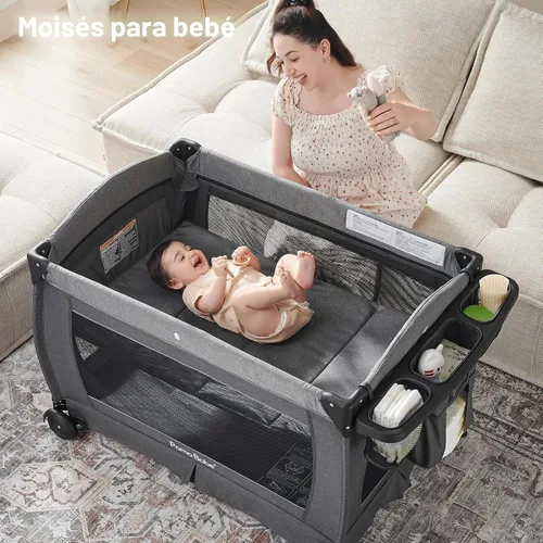 Vista 8 de Centro para bebé, corralito plegable para bebé y niño pequeño, moisés, colchón, mesa de cambio para recién nacidos (negro)