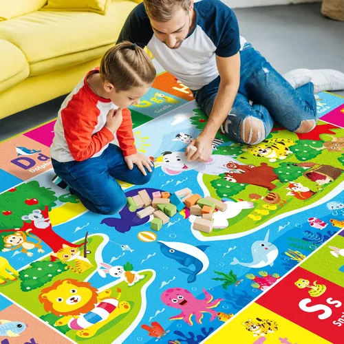 Vista 7 de Alfombra infantil de 5 x 7 pies para sala de juegos, alfombra de juegos con ABC y animales, alfombra antideslizante súper suave para suelo, tapete
