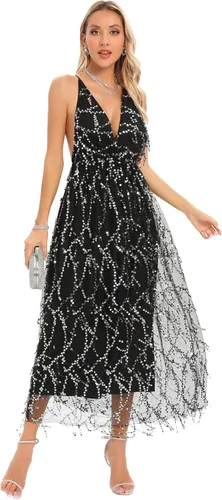 Vista 4 de Aigeman Sexy cuello en V profundo tirantes espagueti sin espalda lentejuelas Maxi vestido de fiesta de encaje mameluco brillante brillo vestido
