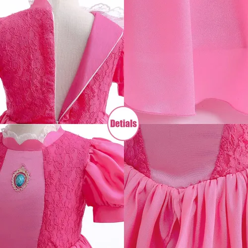 Vista 6 de Disfraz de princesa melocotón para niñas, traje de cosplay, vestido de princesa con corona, juego de 5 piezas
