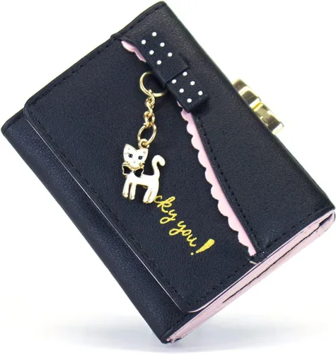 Vista 8 de SUMGOGO Cartera pequeña para mujer, lindo gato, colgante, tarjetero organizador para niñas, bolsillo frontal, monedero de cuero, A-Negro, Minimalista