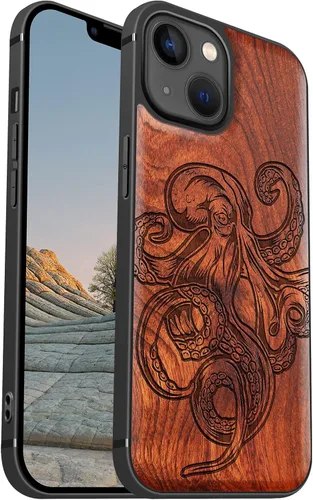 Vista 12 de Carveit Funda magnética de madera para iPhone 13 Mini [madera natural y TPU suave negro] funda protectora de madera única y elegante a prueba